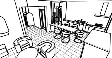 İç mutfak oturma odası 3D görüntü