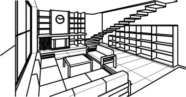 ev içi mutfak oturma odası 3D görüntü