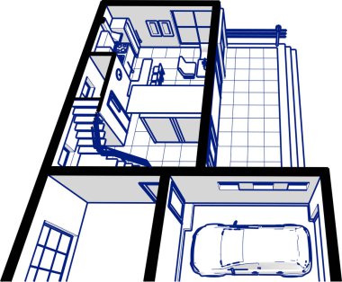 İç mutfak oturma odası 3D görüntü
