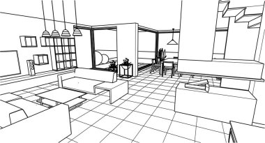 İç mutfak oturma odası 3D görüntü