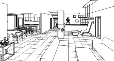 İç mutfak oturma odası 3D görüntü