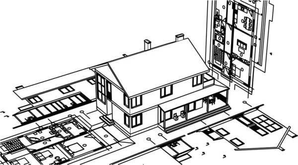 房屋建筑草图3D插图 — 图库矢量图片