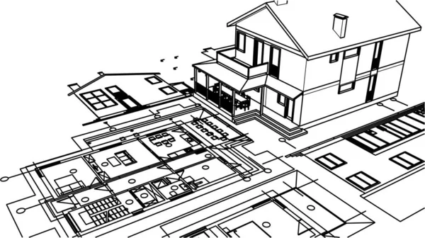 房屋建筑草图3D插图 — 图库矢量图片