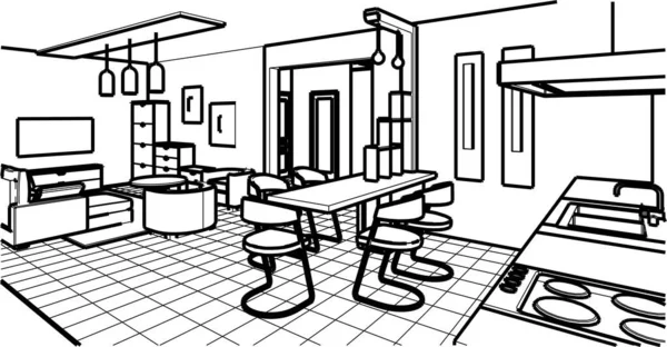 Interior Cocina Sala Estar Ilustración — Vector de stock