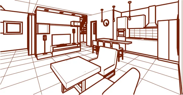 Haus Interieur Küche Wohnzimmer Illustration — Stockvektor