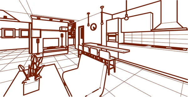Haus Interieur Küche Wohnzimmer Illustration — Stockvektor