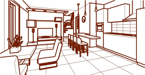 Casa Interior Cocina Sala Estar Ilustración — Archivo Imágenes Vectoriales