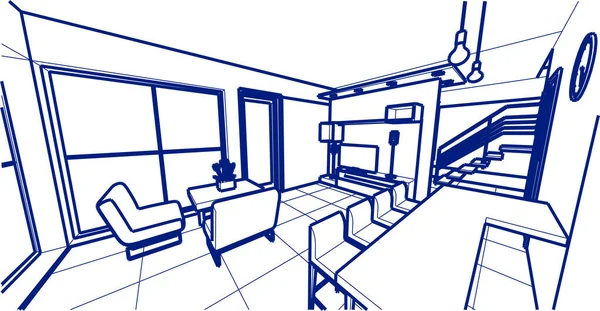房屋内部厨房客厅3D插图 — 图库矢量图片