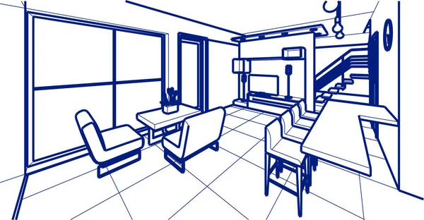 Haus Interieur Küche Wohnzimmer Illustration — Stockvektor