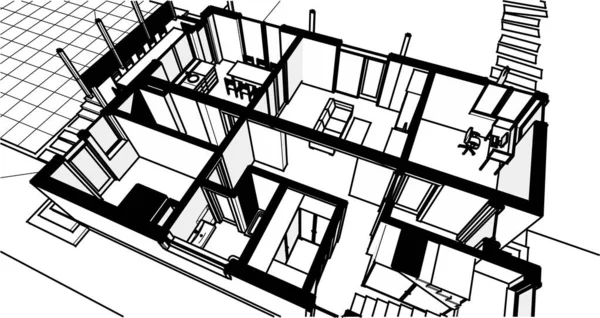 房屋建筑草图3D插图 — 图库矢量图片