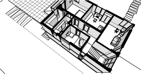 房屋建筑草图3D插图 — 图库矢量图片