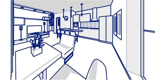 Interior Kitchen Living Room Illustration — Stock Vector