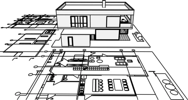 Casa Adosada Boceto Arquitectónico Ilustración — Archivo Imágenes Vectoriales