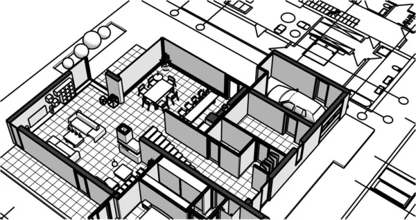 别墅建筑草图3D图解 — 图库矢量图片