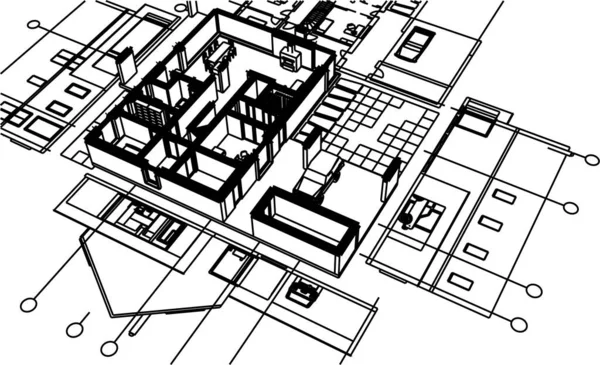 タウンハウスの建築スケッチ3Dイラスト — ストックベクタ