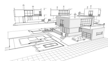 Modern ev mimari projesi çizimi 3D illüstrasyon