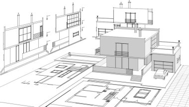 Modern ev mimari projesi çizimi 3D illüstrasyon