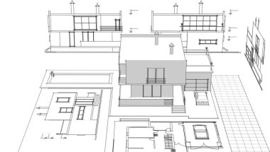 Modern ev mimari projesi çizimi 3D illüstrasyon