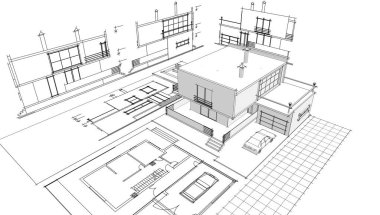 Modern ev mimari projesi çizimi 3D illüstrasyon