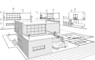 Modern ev mimari projesi çizimi 3D illüstrasyon