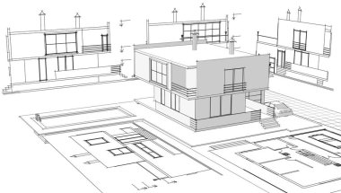 Modern ev mimari projesi çizimi 3D illüstrasyon