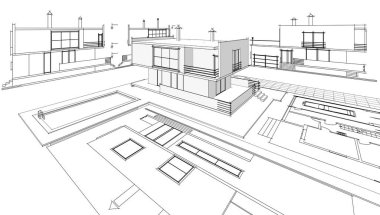 Modern ev mimari projesi çizimi 3D illüstrasyon