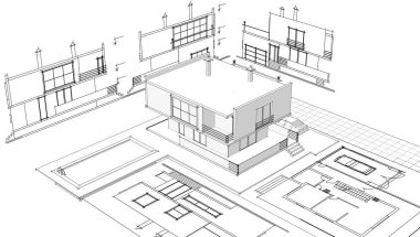 Modern ev mimari projesi çizimi 3D illüstrasyon