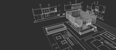 Modern ev mimari projesi çizimi 3D illüstrasyon