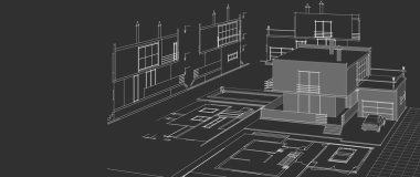 Modern ev mimari projesi çizimi 3D illüstrasyon