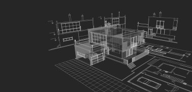 Modern ev mimari projesi çizimi 3D illüstrasyon