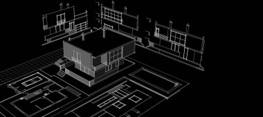 Modern ev mimari projesi çizimi 3D illüstrasyon