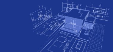 Modern ev mimari projesi çizimi 3D illüstrasyon