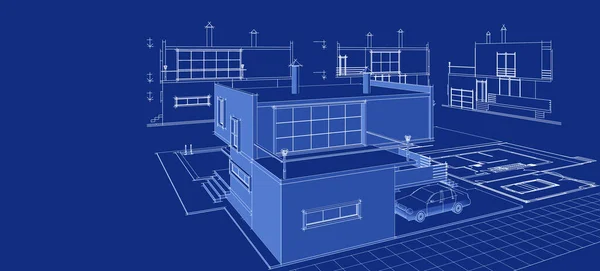 Casa Moderna Projeto Arquitetônico Esboço Ilustração — Fotografia de Stock