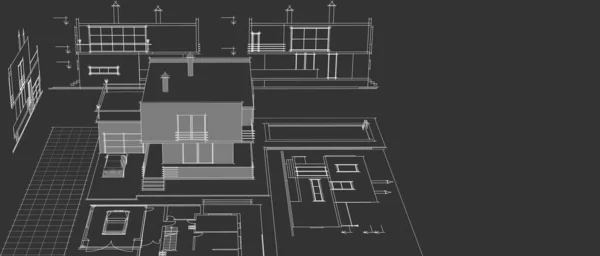 Moderní Dům Architektonický Projekt Skica Ilustrace — Stock fotografie