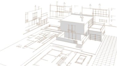 Modern ev mimari projesi çizimi 3D illüstrasyon
