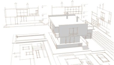 Modern ev mimari projesi çizimi 3D illüstrasyon