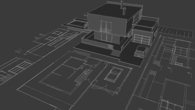 Modern ev mimari projesi çizimi 3D illüstrasyon