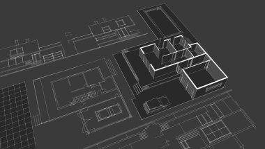 Modern ev mimari projesi çizimi 3D illüstrasyon