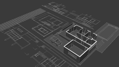 Modern ev mimari projesi çizimi 3D illüstrasyon