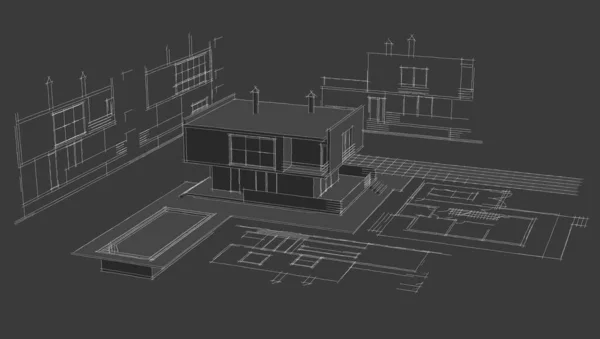 現代住宅建築プロジェクトスケッチ3Dイラスト — ストック写真