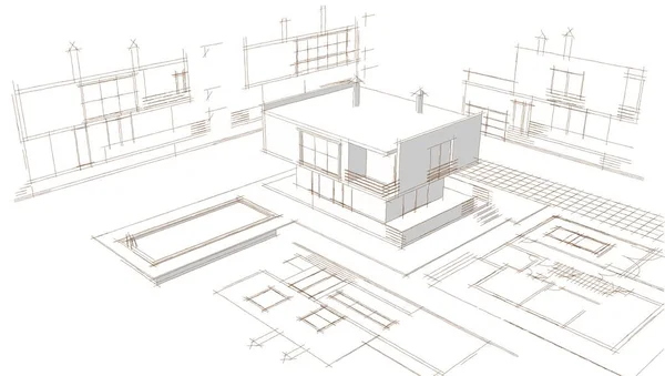 现代房屋建筑草图3D插图 — 图库照片