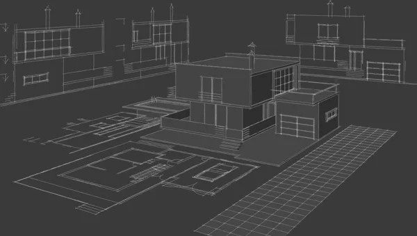 Современный Дом Архитектурный Эскиз Проекта Иллюстрация — стоковое фото