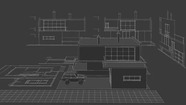 现代房屋建筑草图3D插图 — 图库照片