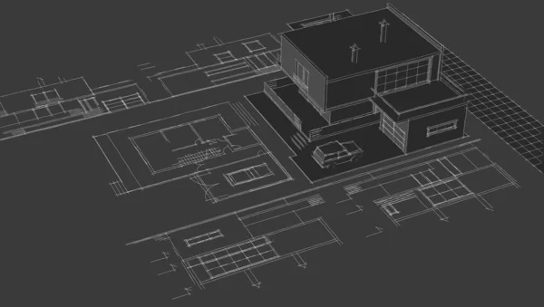 现代房屋建筑草图3D插图 — 图库照片