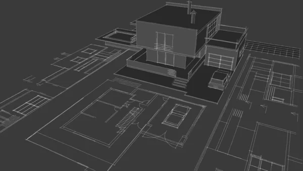 Современный Дом Архитектурный Эскиз Проекта Иллюстрация — стоковое фото