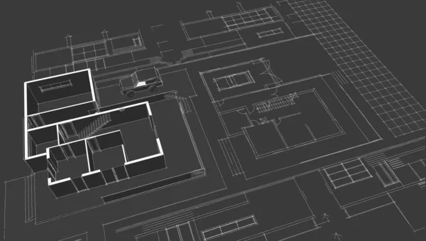 Современный Дом Архитектурный Эскиз Проекта Иллюстрация — стоковое фото