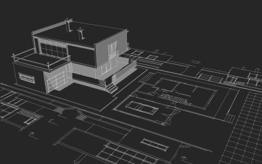 Modern ev mimari projesi çizimi 3D illüstrasyon