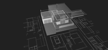 Modern ev mimari projesi çizimi 3D illüstrasyon