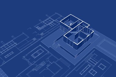 Modern ev mimari projesi çizimi 3D illüstrasyon