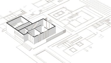 Modern ev mimari projesi çizimi 3D illüstrasyon